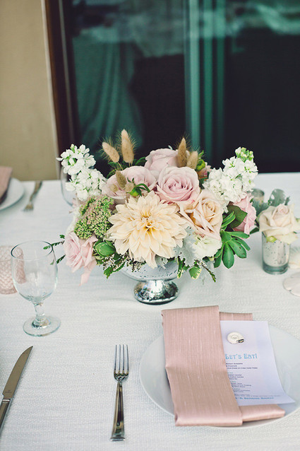 White and pink centerpiece with silver vase