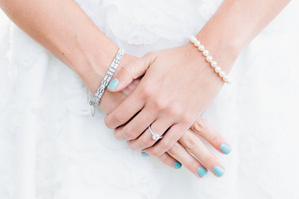 Blue and white bridal accessories