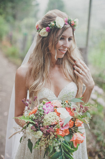 Colorful bohemian bride with flower crown