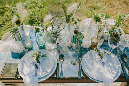 Golden Fall light blue and green tablescape Inspiration