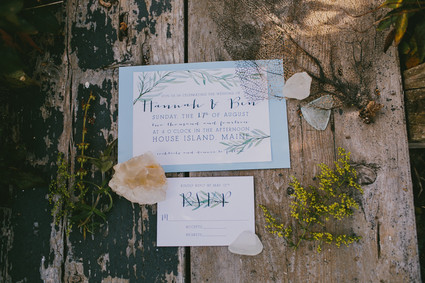 White and light blue coastal wedding invitation