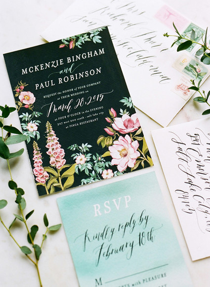 Dramatic floral wedding invitations