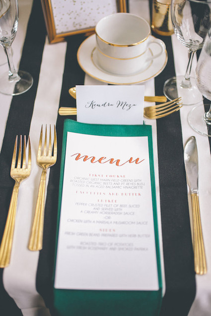 Aqua, black and white striped place setting and menu