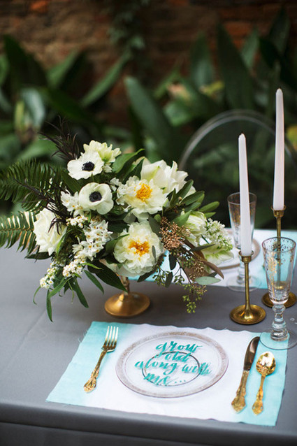Aqua and gold modern place setting with florals Inspiration