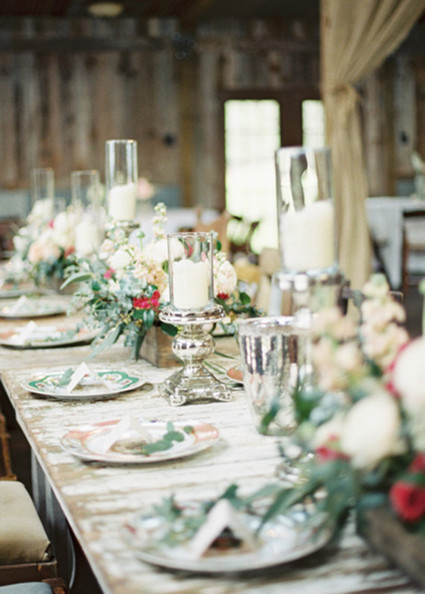 Barn chic country wedding tablescape Inspiration