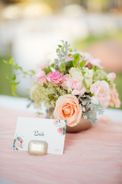 Bride place setting and colorful centerpiece Inspiration