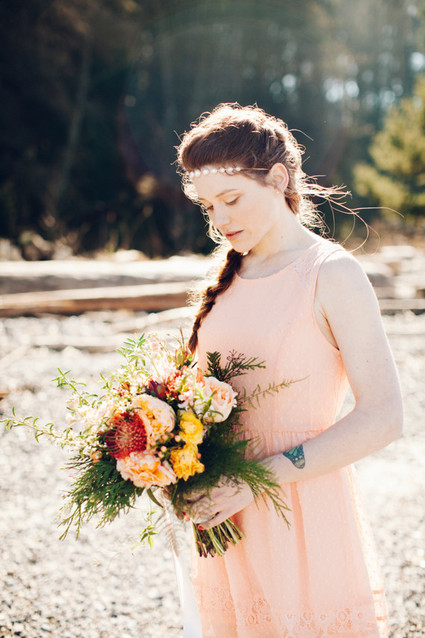 Peach bridesmaid dress and bouquet