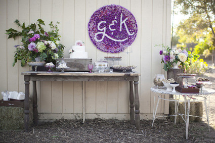 Purple and silver dessert table with custom sign