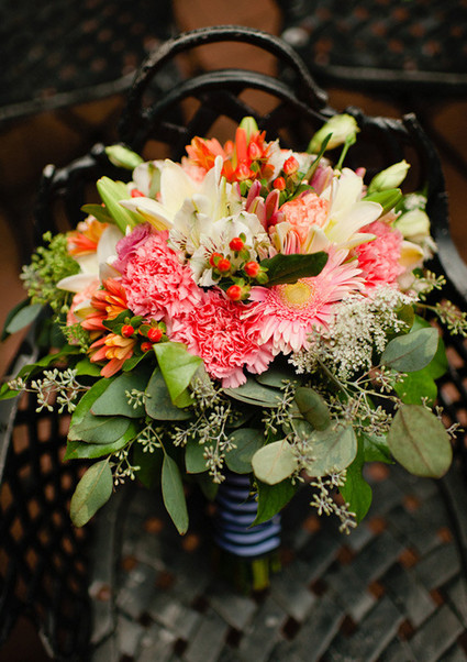 Pink and orange bouquet with navy accents Inspiration