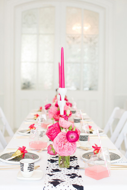 Modern pink, black and white tablescape
