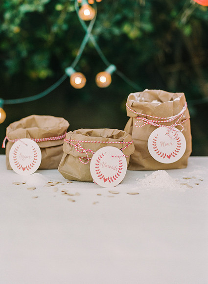 Brown paper bag ingredients with red name tags
