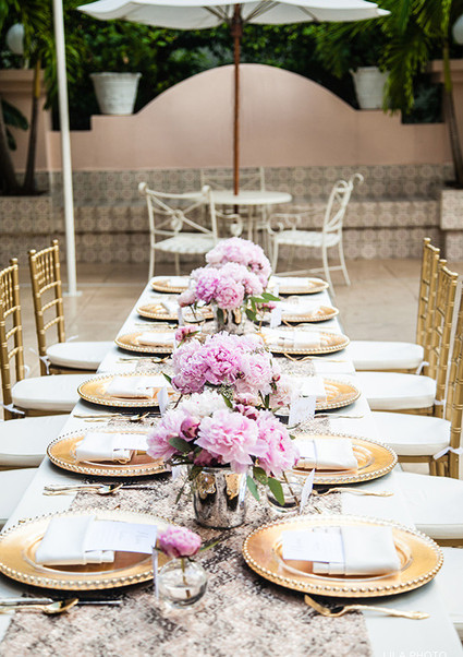 Gold and pink bridal shower tablescape Inspiration