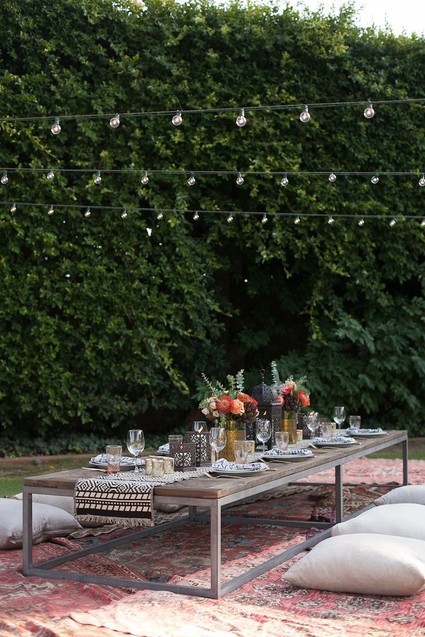 Eclectic outdoor dinner party tablescape