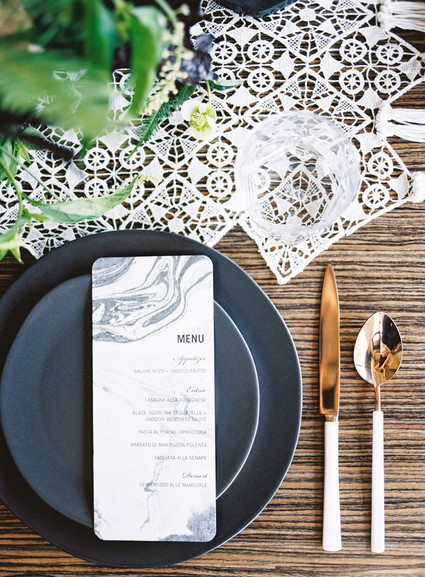 Modern black, white, and gold rehearsal dinner