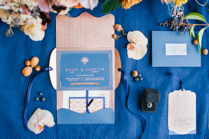 Blue and copper wedding invitation suite