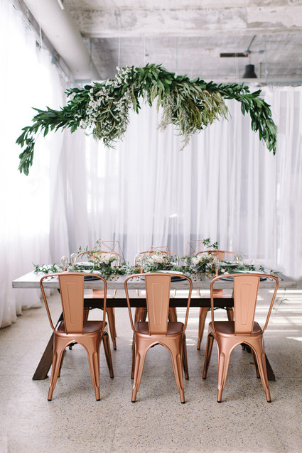 Copper + green industrial modern wedding tablescape Inspiration