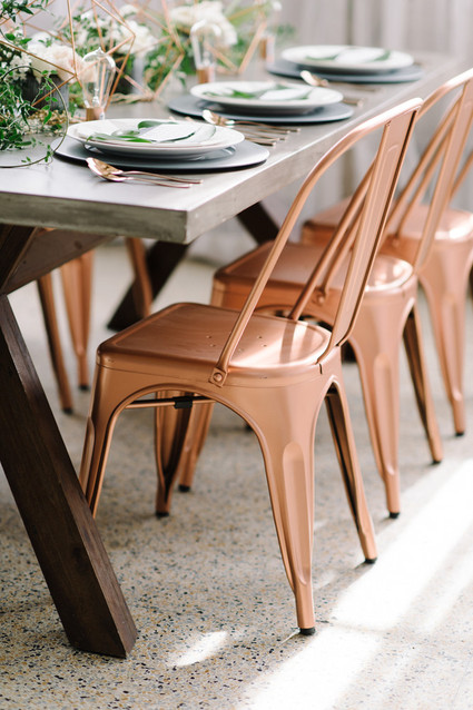 Copper + green industrial modern wedding tablescape