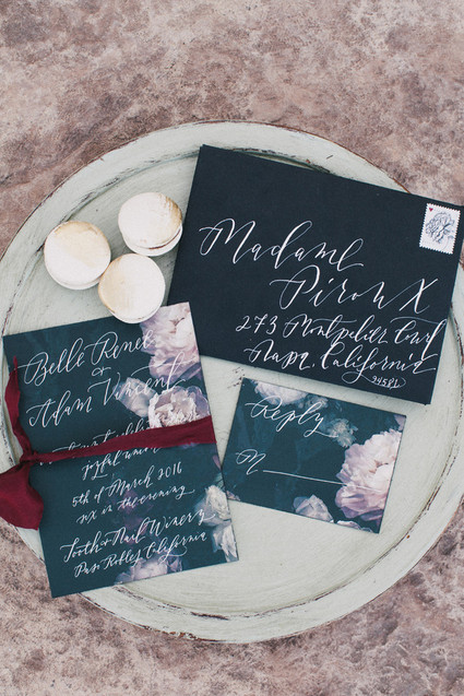 Dark floral wedding invitations