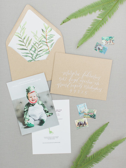 Modern dinosaur 1st birthday invites