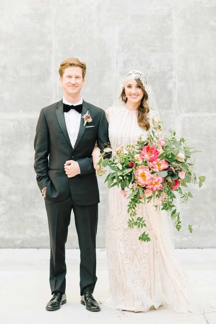 elegant vintage wedding portraits with peony bouquet