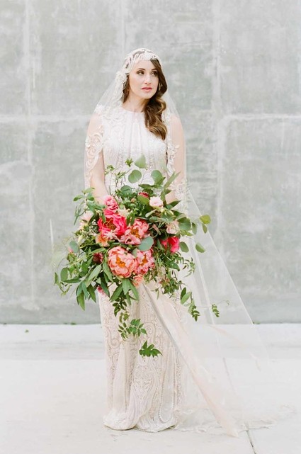 elegant vintage wedding portraits with peony bouquet