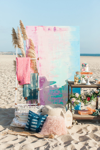 Beachy boho gender reveal party Inspiration