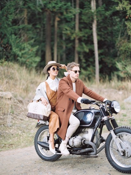 Stylish mod engagement photos on Galiano Island