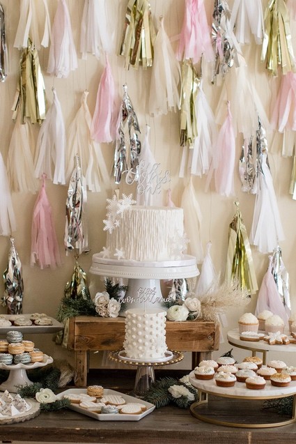 Feminine winter wonderland 1st birthday party Inspiration