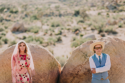 Rustic Joshua Tree wedding with a pink floral dress