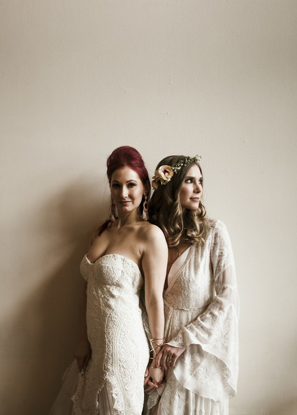 Romantic urban same sex wedding ideas with blush tones