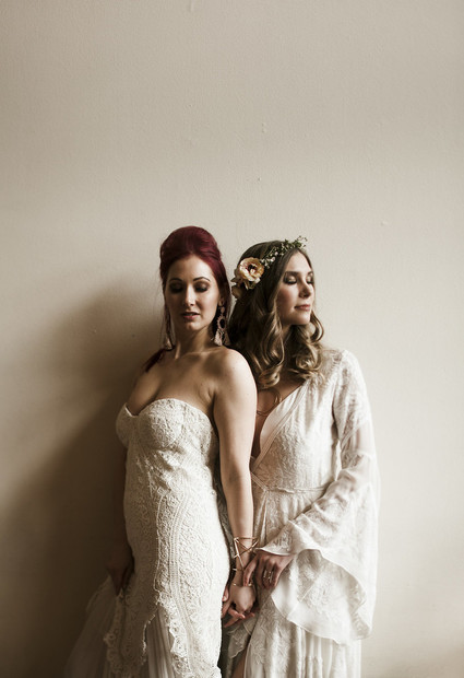 Romantic urban same sex wedding ideas with blush tones