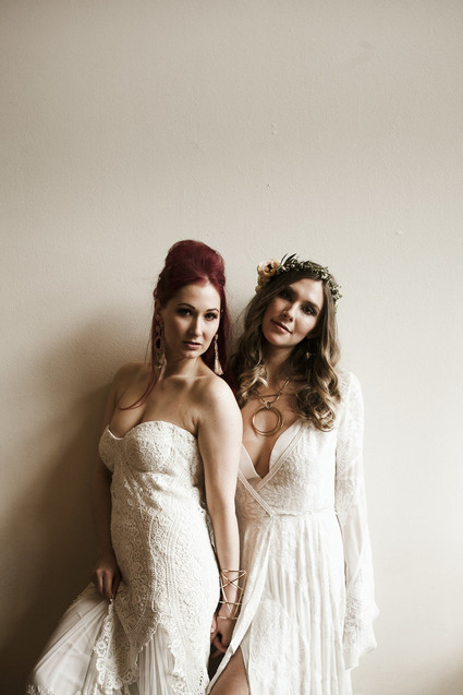 Romantic urban same sex wedding ideas with blush tones