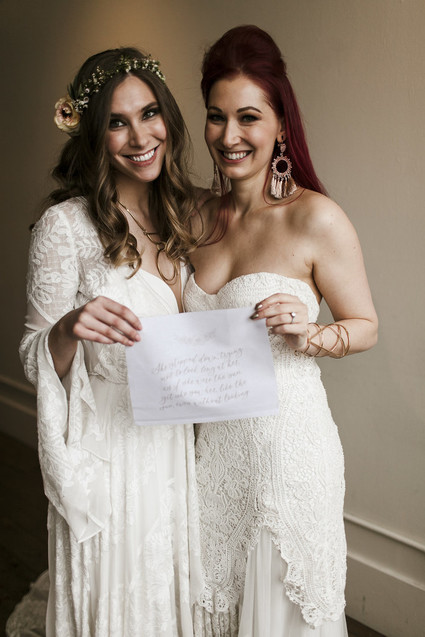 Romantic urban same sex wedding ideas with blush tones