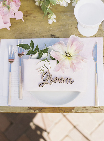 Whimsical pink and blue music-inspired wedding at Allied Arts Guild in Menlo Park