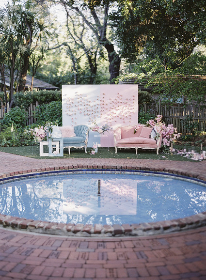 Whimsical pink and blue music-inspired wedding at Allied Arts Guild in Menlo Park