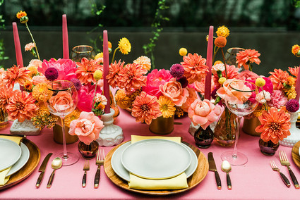 Ultra colorful wedding design inspired by Indian floral garlands and Day of the Dead Inspiration