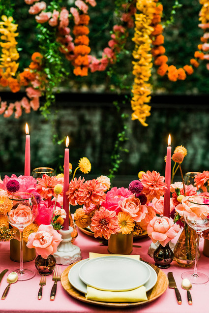 Ultra colorful wedding design inspired by Indian floral garlands and Day of the Dead