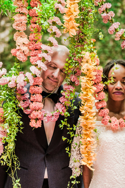 Ultra colorful wedding design inspired by Indian floral garlands and Day of the Dead