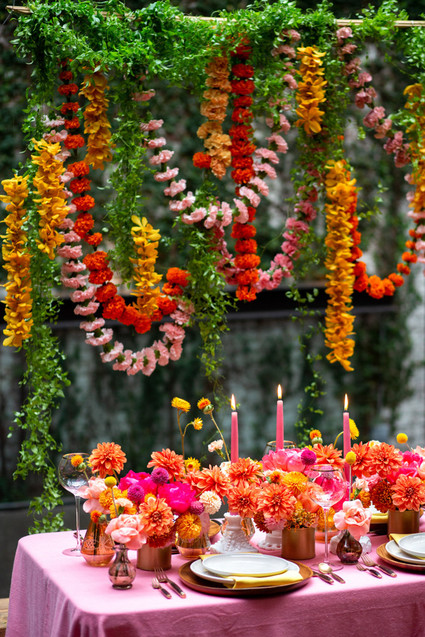 Ultra colorful wedding design inspired by Indian floral garlands and Day of the Dead Inspiration