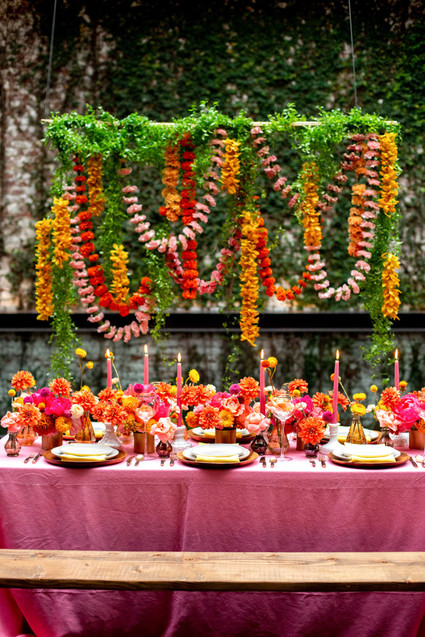 Ultra colorful wedding design inspired by Indian floral garlands and Day of the Dead