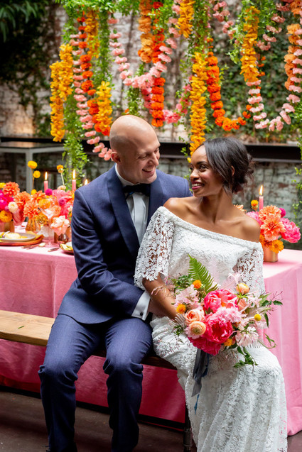 Ultra colorful wedding design inspired by Indian floral garlands and Day of the Dead Inspiration