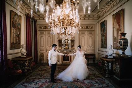 A moody dream garden wedding for a fashion forward couple at Palacio Villahermosa in Spain