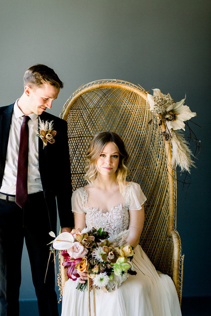 Gorgeous modern wedding portraits with boho chairs Inspiration