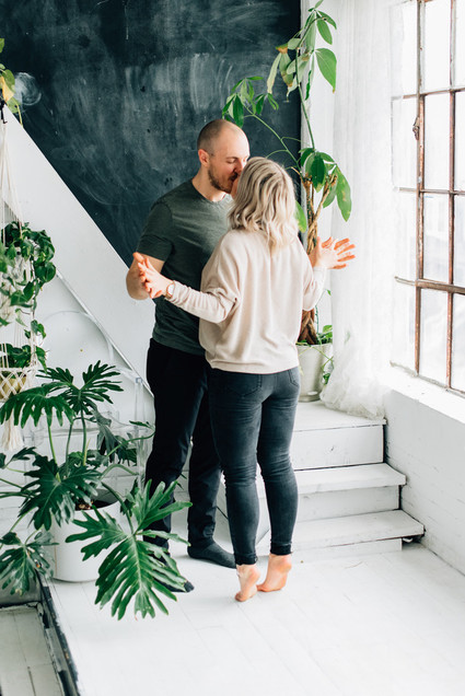 Cozy rainy day engagement photos styled at home