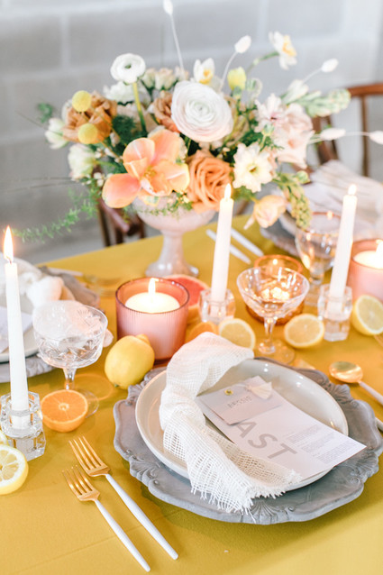 Marigold and grey modern tropical wedding ideas