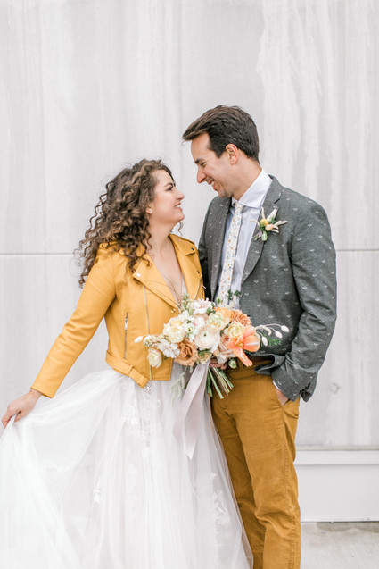 mustard and grey wedding fashion for bride and groom