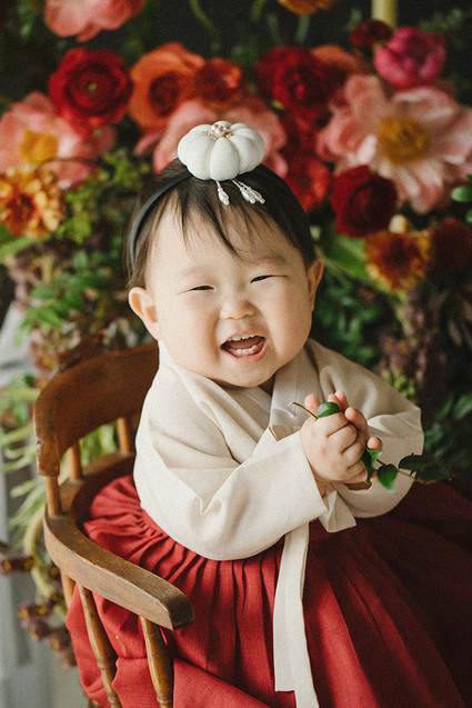 Elegant floral first birthday Korean Dol with peonies