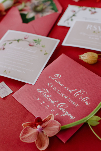 red tropical wedding invitations