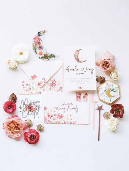 Moon Child celestial floral first birthday party Inspiration