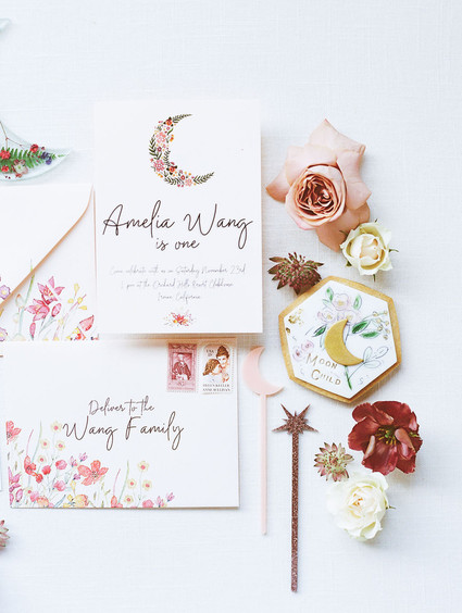 Moon Child celestial floral first birthday party Inspiration